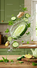 Fresh cucumber and ginger with mint splash in kitchen