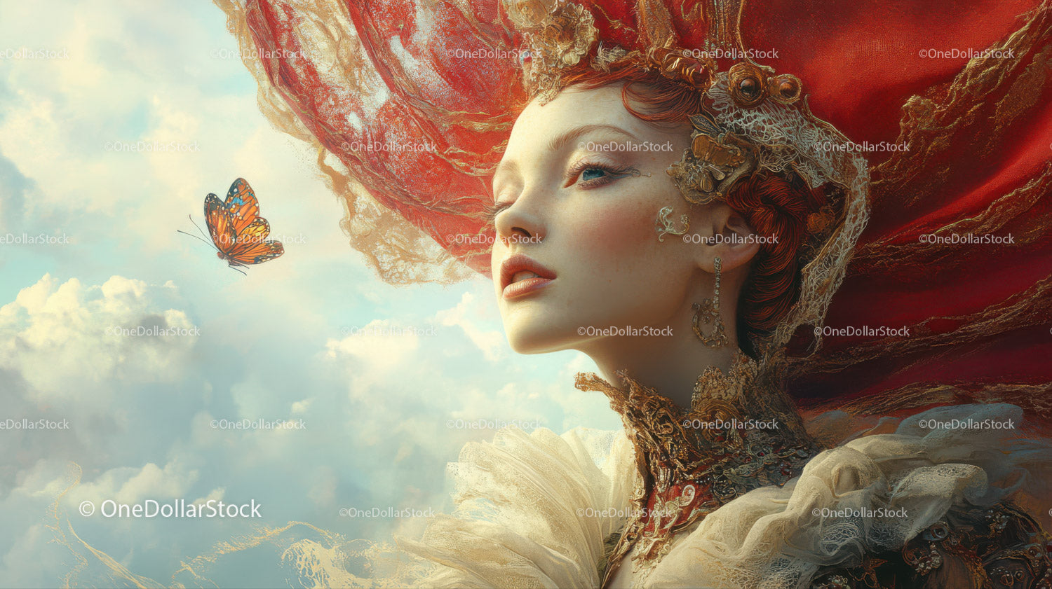 Ethereal Woman with Flowing Fabric and Butterfly in Dreamlike Scene
