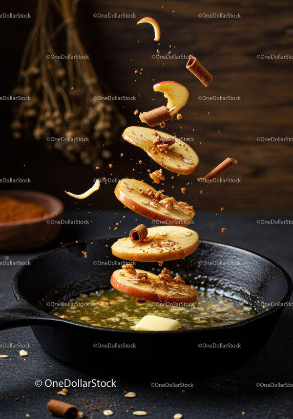 Sautéed apple slices with cinnamon and butter in pan