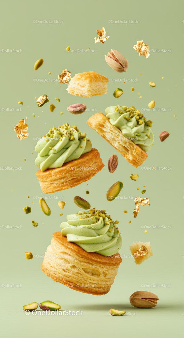 Delicate puff pastries with pistachio cream and nuts