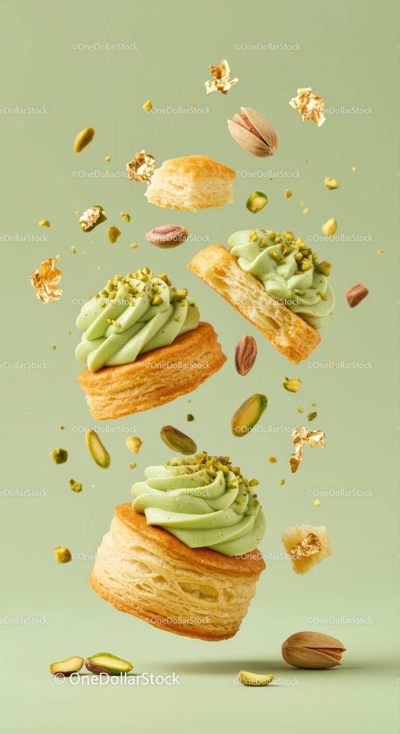 Delicate puff pastries with pistachio cream and nuts