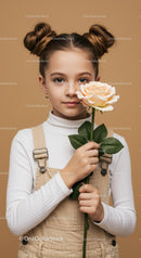 Young Girl with Pale Peach Rose Portrait on Soft Beige Background