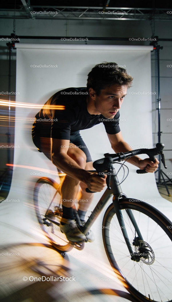 Focused cyclist training indoors on a road bike