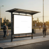 Urban bus stop shelter with blank advertising board
