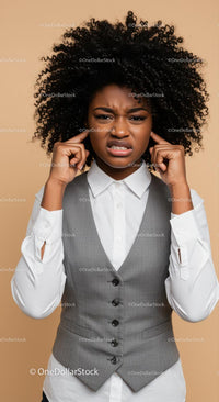 Frustrated Woman Covers Ears Against Noise in Business Attire