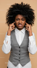 Frustrated Woman Covering Ears with Annoyed Expression