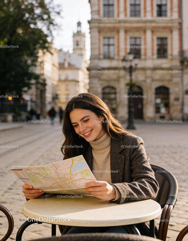 Uśmiechnięta kobieta badająca mapę miasta w kawiarni na świeżym powietrzu