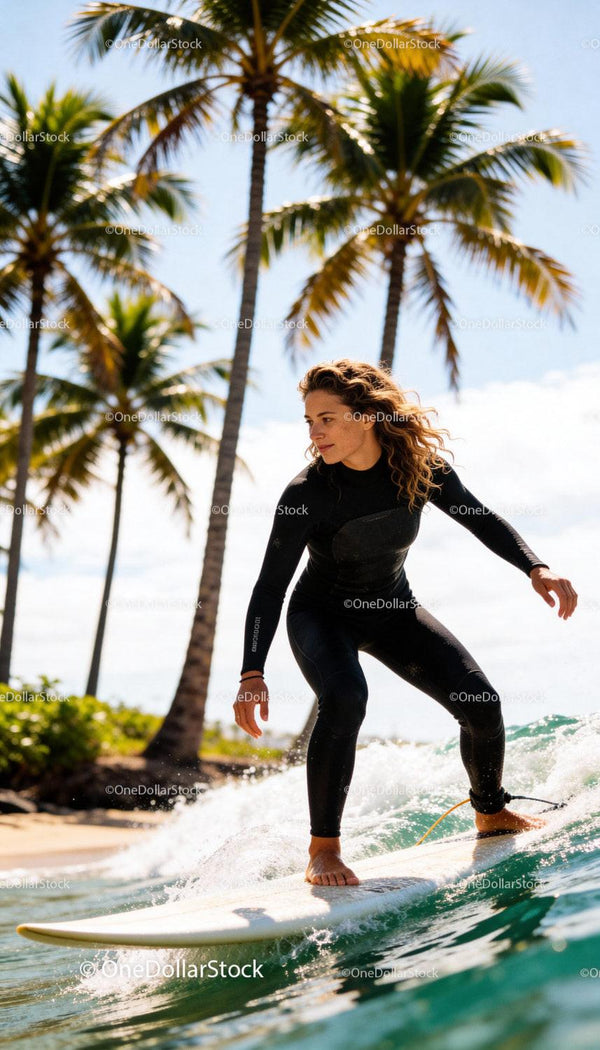 Woman Surfing Gracefully on Ocean Wave Near Palm Trees