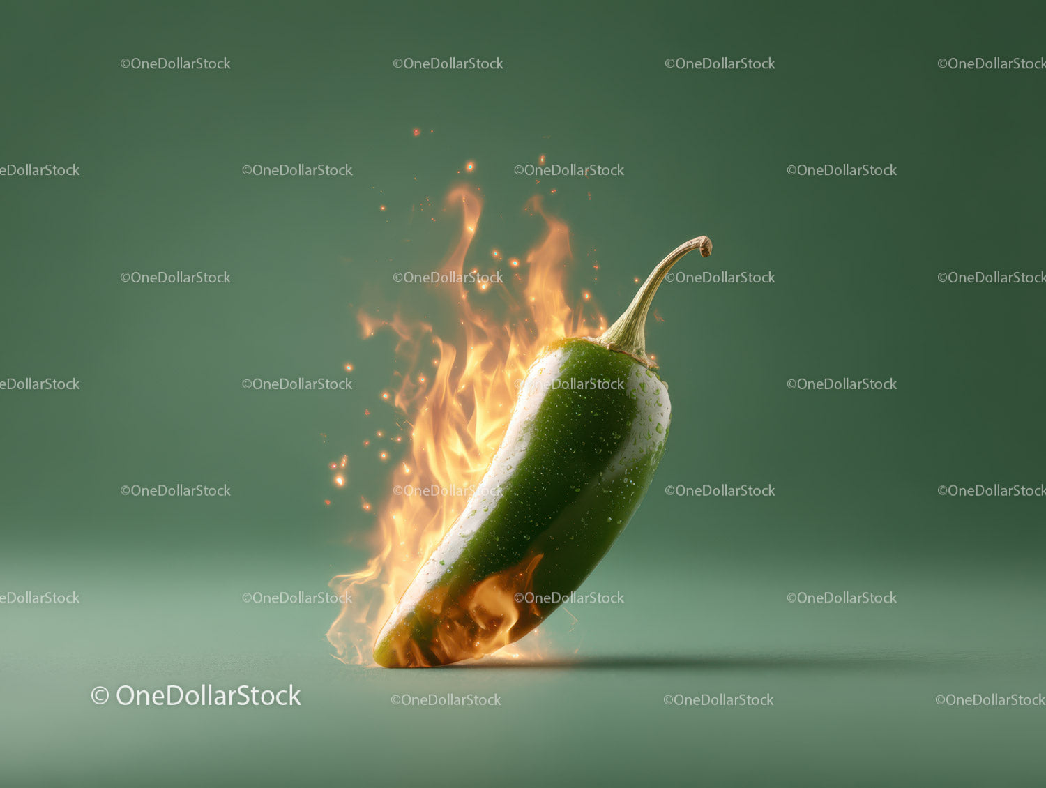 Zielona papryczka chili z ogniem i płomieniami w dynamicznej scenie