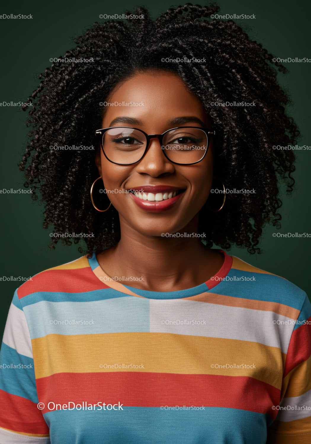 Portrait of a Smiling Woman with Curly Hair Wearing Glasses in Colorful Clothing