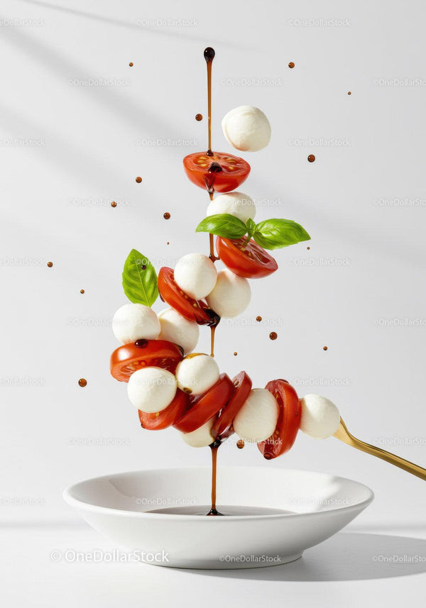 Fresh Caprese Salad Ingredients Floating Over Bowl