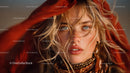 Glamorous Blonde Woman with Blue Eyes Wearing Red Scarf in Studio