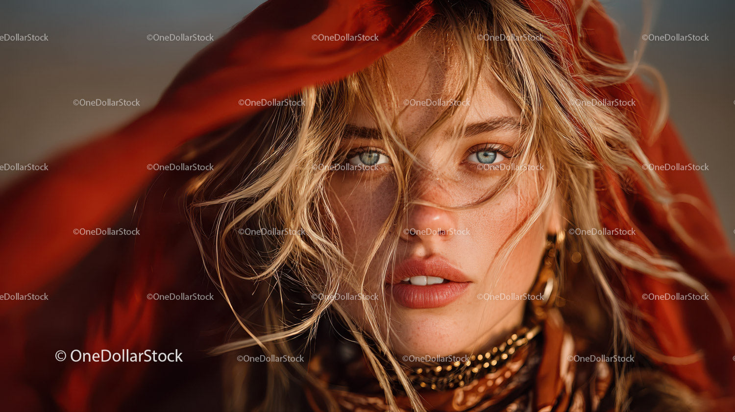Glamorous Blonde Woman with Blue Eyes Wearing Red Scarf in Studio
