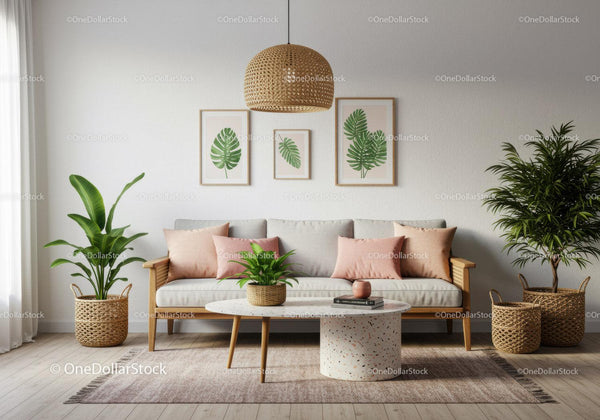 Stylish living room with natural decor and plants