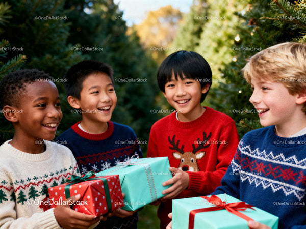 Children exchanging Christmas gifts by decorated trees