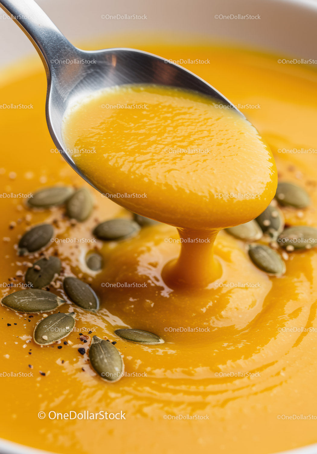 Creamy pumpkin soup with seeds falling from spoon