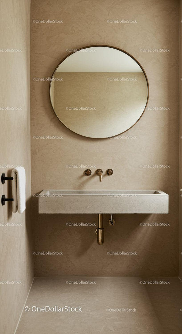 Modern Bathroom with Round Mirror and Wall-Mounted Sink