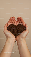 Hands holding coffee granules shaped like a heart