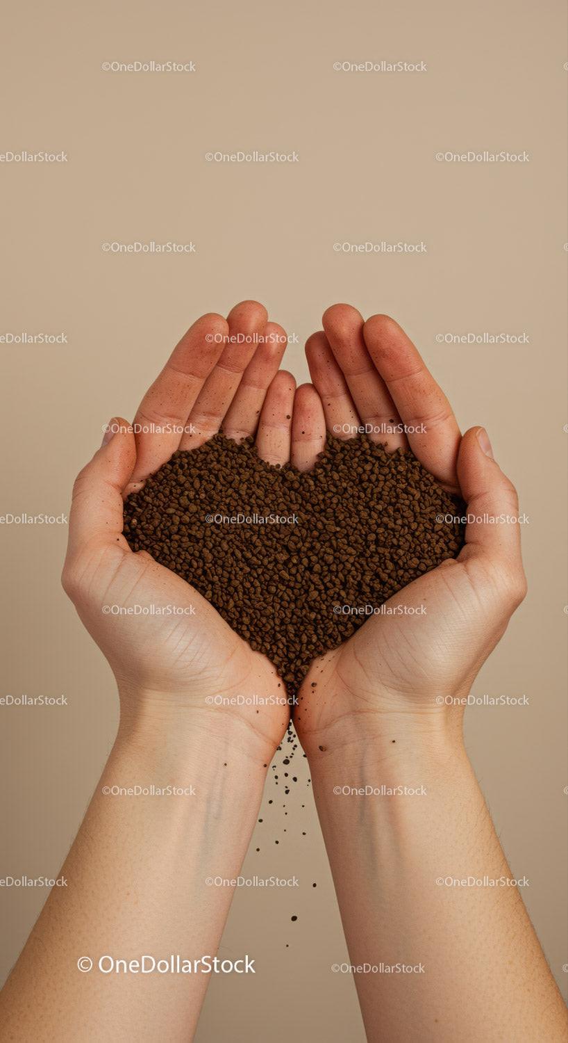 Hands holding coffee granules shaped like a heart
