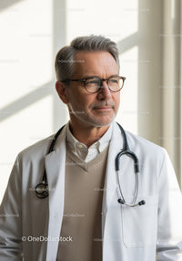 Senior Male Doctor in White Coat with Stethoscope in Medical Setting
