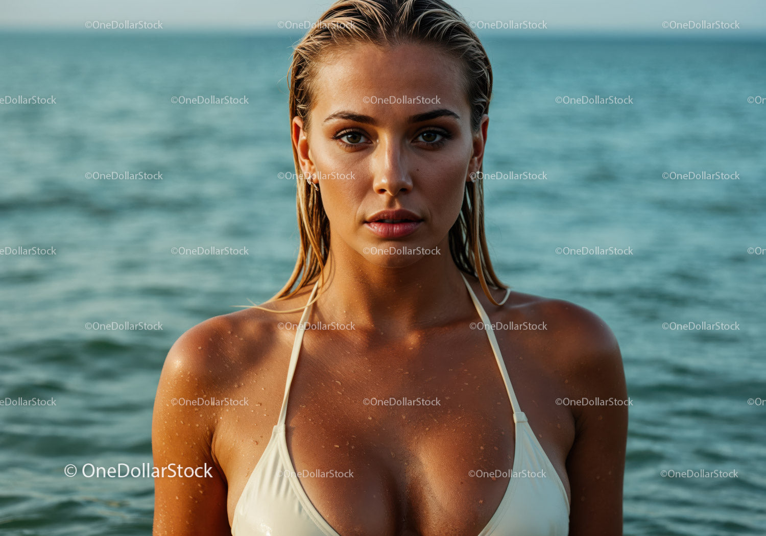 Elegant Woman in Swimsuit Standing by Ocean on Sunny Day