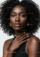Elegant Black Woman with Curly Hair and Gold Earrings Professional Portrait