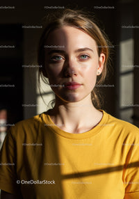 Bright Young Woman with Blonde Hair and Blue Eyes in Yellow T-Shirt