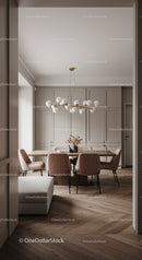 Modern dining room with elegant lighting and soft tones