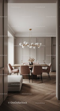 Modern dining room with elegant lighting and soft tones