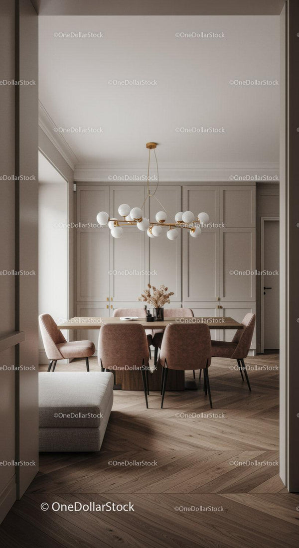 Modern dining room with elegant lighting and soft tones