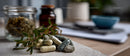 Herbal Medicine Capsules and Organic Herbs on rustic surface