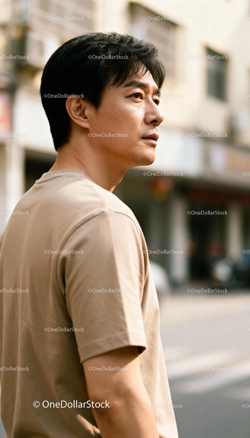 Thoughtful man standing outdoors in casual outfit