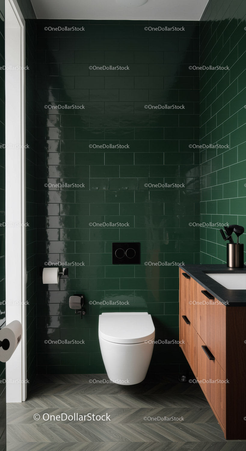 Modern Green Tiled Bathroom with Wooden Vanity and Wall-Mounted Toilet