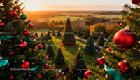 Christmas Trees Decorated at Sunset in Countryside Garden