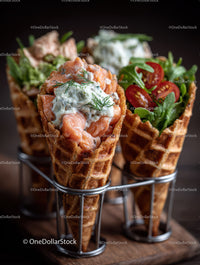 Wooden Serving Basket with Salmon Waffles and Fresh Salad