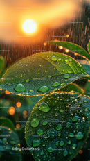 Close-up of dewy green leaves under sunlight with rain droplets