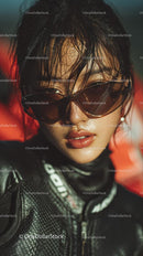 Confident Female Rider in Sunglasses with Motorcycle Gear
