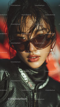 Confident Female Rider in Sunglasses with Motorcycle Gear