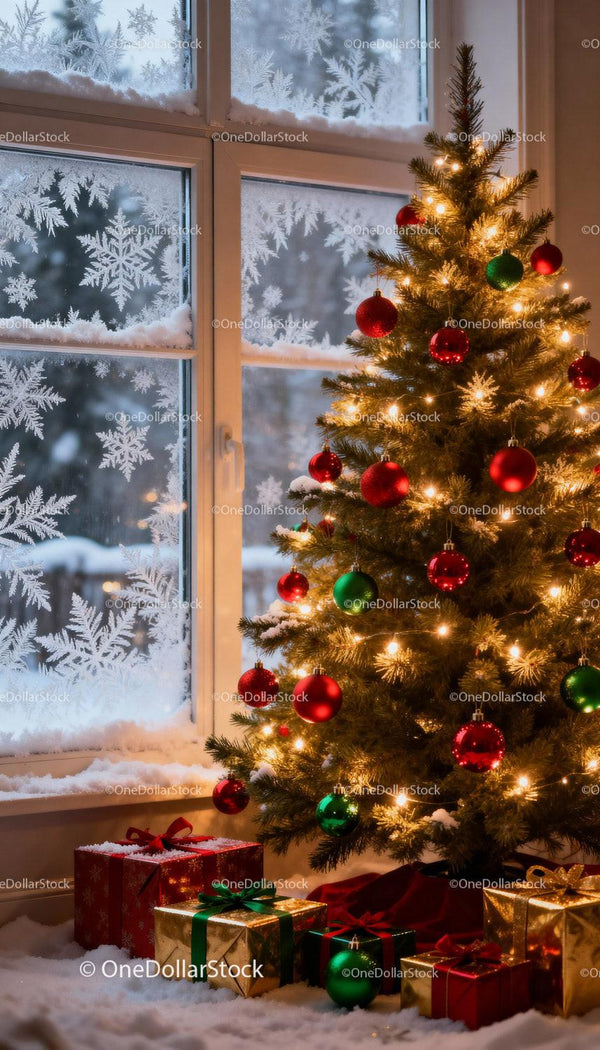 Cozy Christmas Tree with Gifts by Frosted Window