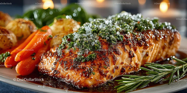 Elegant Baked Salmon Fillet with Herbs and Roasted Vegetables