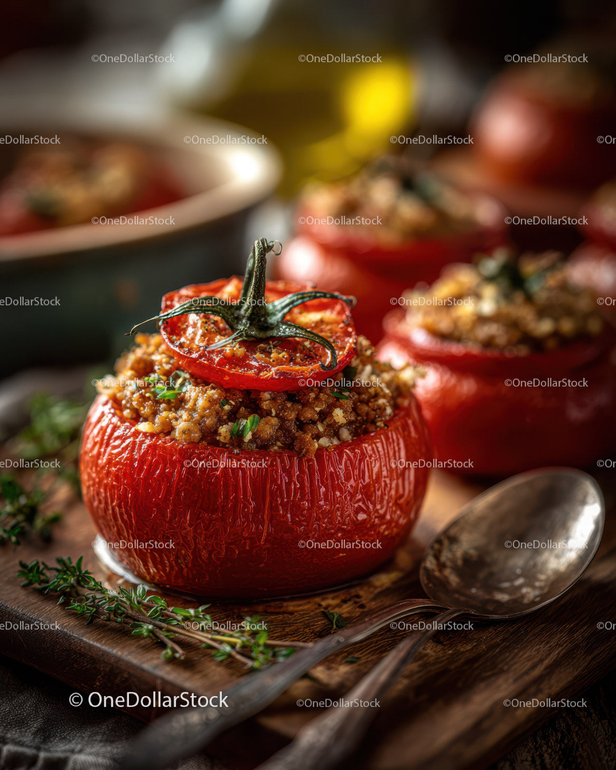 Stuffed Cherry Tomatoes with Ground Meat and Herbs on Rustic Wooden Board
