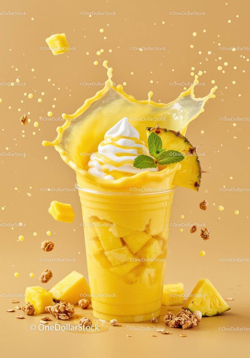 Refreshing pineapple smoothie with yogurt and granola splash