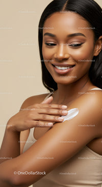 Young Woman Applying Skincare Cream on Shoulder with Smile