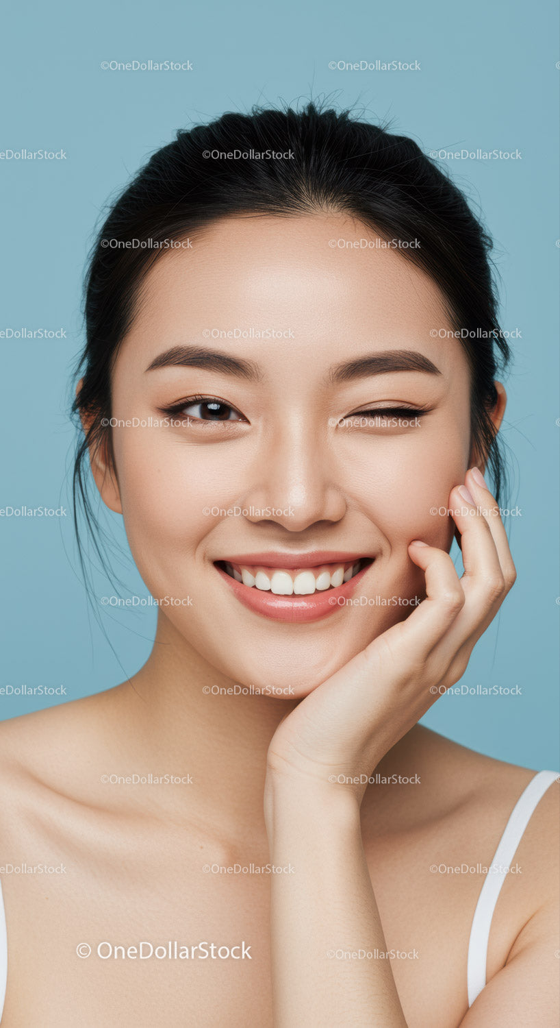 Smiling Woman with Bright Smile and Clear Skin on Blue Background