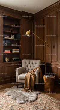 Cozy reading nook with armchair and warm blanket