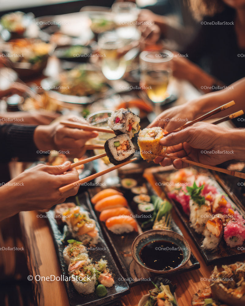 Diverse Sushi Platter with Sushi Rolls and Sashimi at a Social Dinner