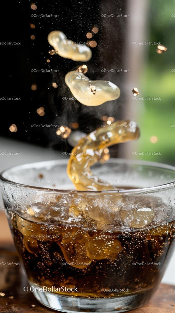 Refreshing Cold Cola with Ice Cubes Splashing in Glass