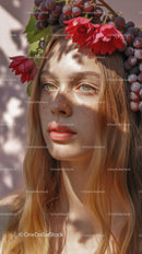 Young Woman with Red Floral Crown and Purple Grapes Outdoor Portrait