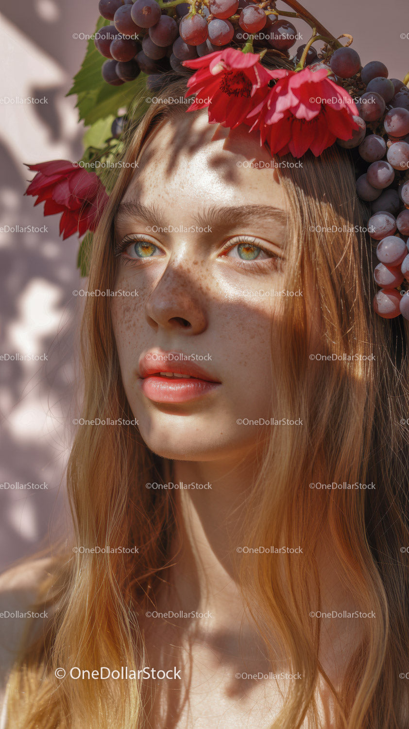 Young Woman with Red Floral Crown and Purple Grapes Outdoor Portrait