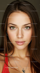 Close-up of a young woman with striking green eyes